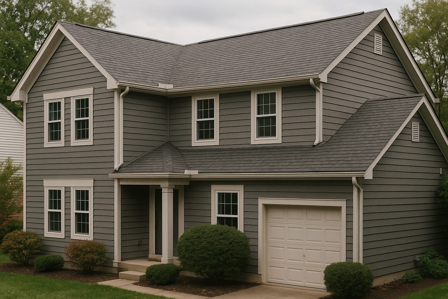 A well-kept home exterior in Cincinnati, Ohio showing an asphalt shingle roof, seamless gutters, and lap siding