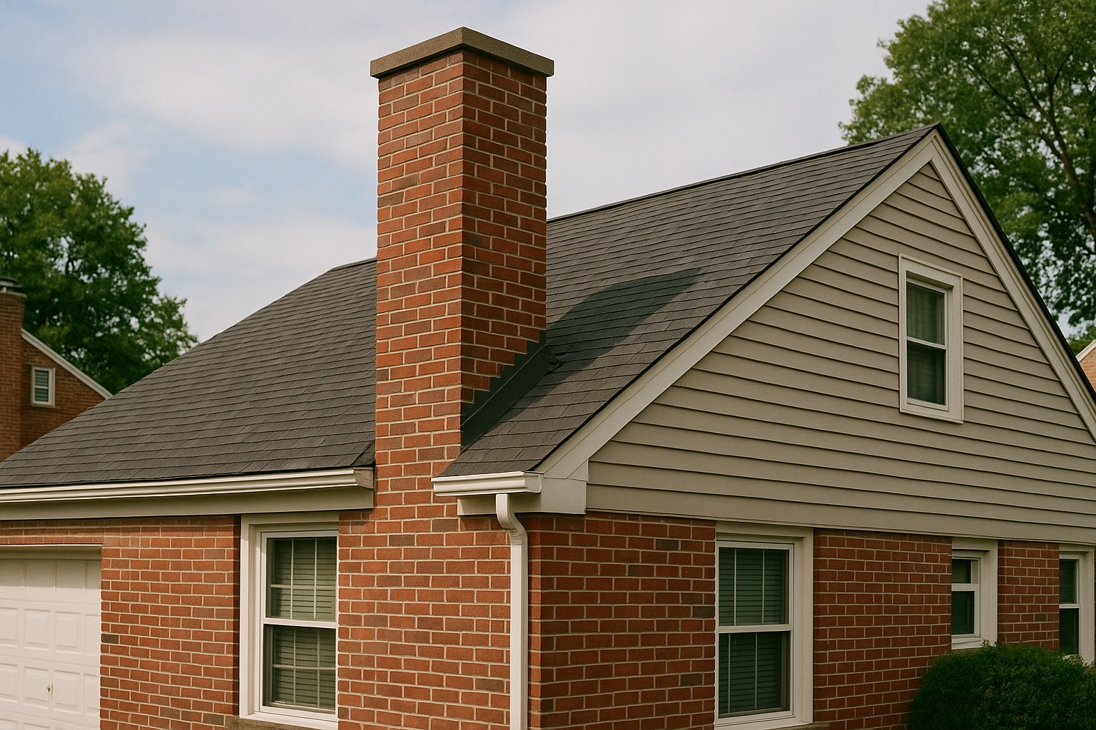 A home exterior in Cincinnati, OH showing brick chimney rising through an asphalt shingle roof with metal step flashing
