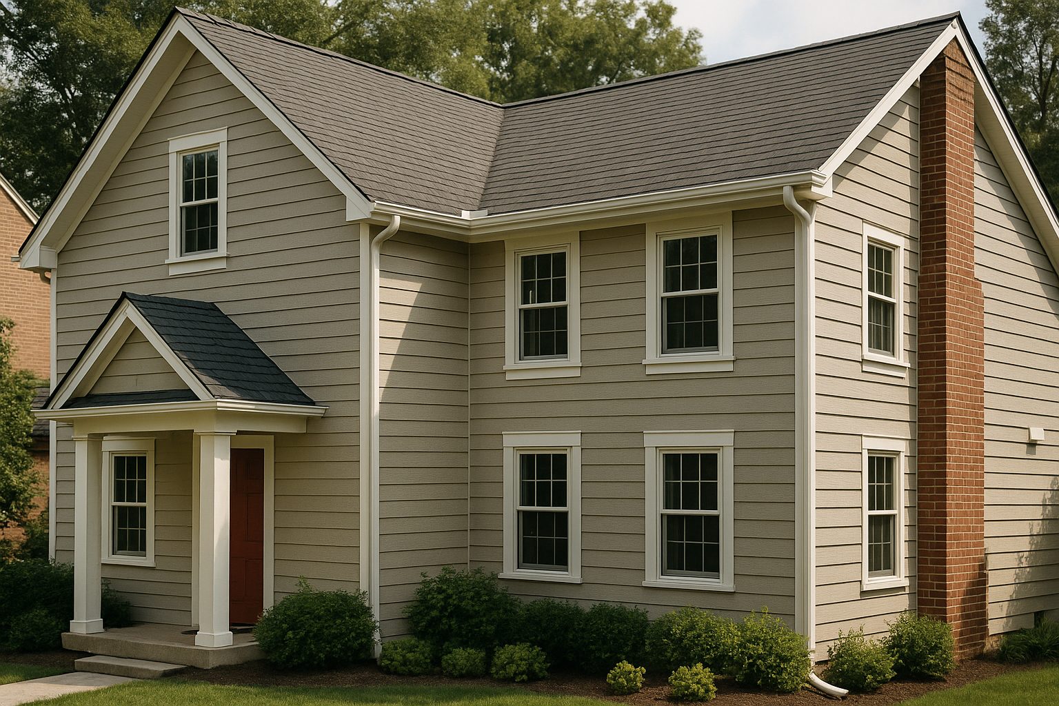 A home exterior in Cincinnati, OH showing asphalt shingle roof, seamless gutters, fiber-cement siding