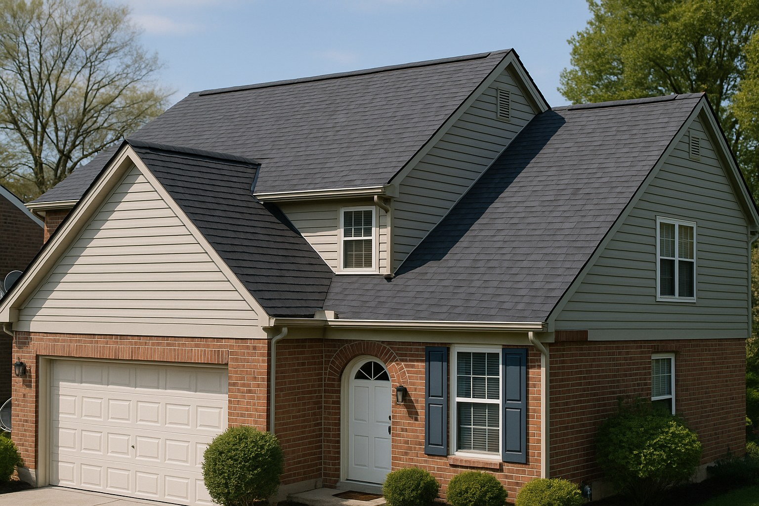 A home exterior in Cincinnati, OH showing newly installed architectural asphalt shingle roof with clean ridge venting