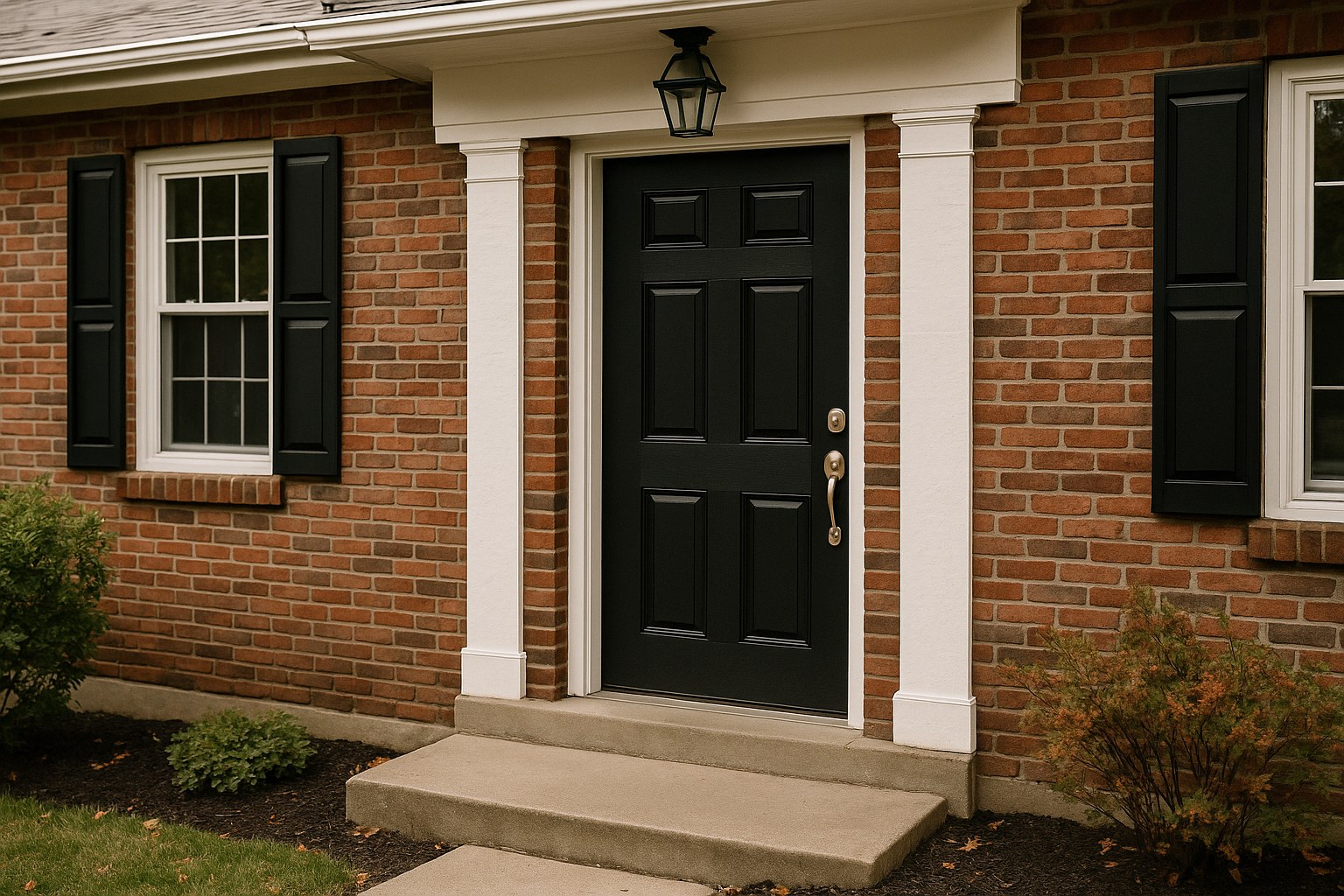 A home exterior in Cincinnati, OH showing well-installed fiberglass entry door with clean trim and hardware