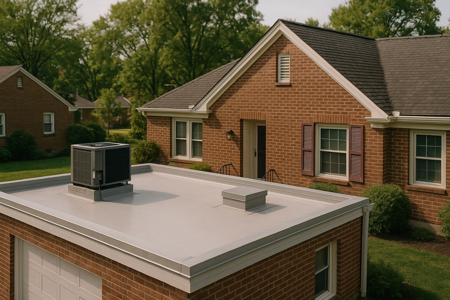 Low-slope membrane roof with a rooftop HVAC unit and equipment curb on a brick building in Cincinnati, Ohio